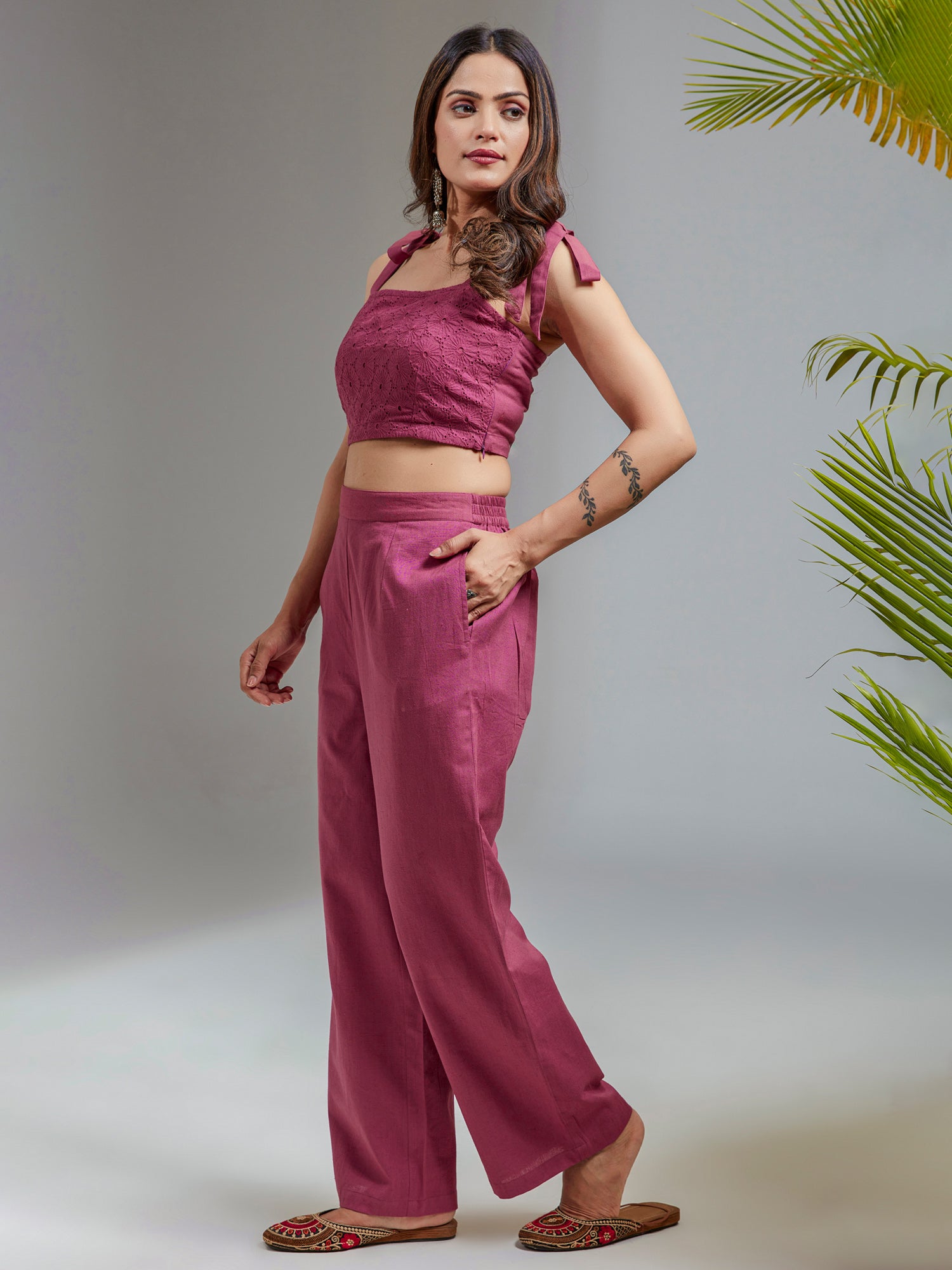 Magenta Cotton Schiffili Crop Top Co-Ord Set
